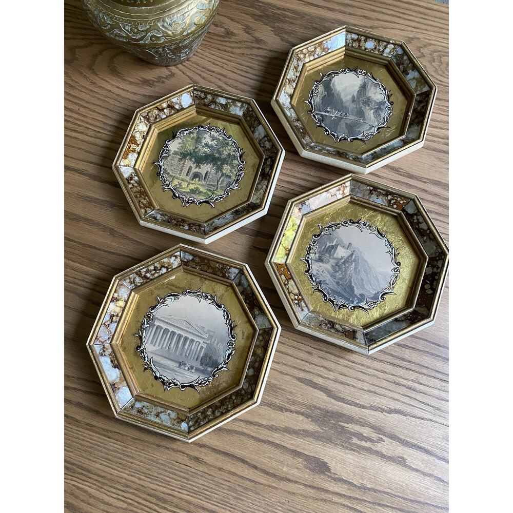 Vintage Steel Engravings Gold Gilt Octagonal Frames Set Of 4 ‘Swiss Scenes’